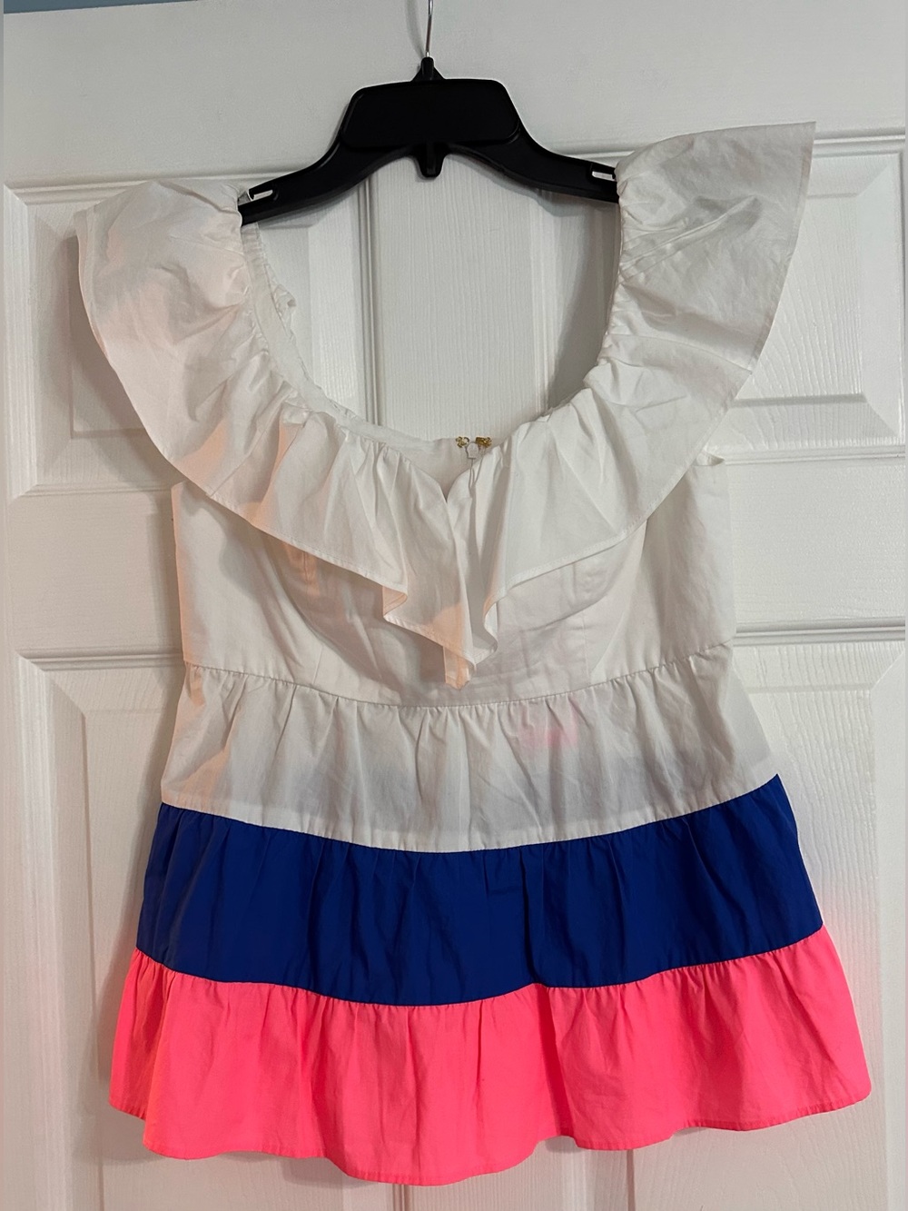 NWT Lilly Pulitzer Emie Ruffle Top White/Blue/Pink Tiered Cotton Blouse Size 0